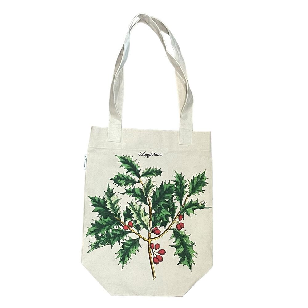 Cavallini & Co. Canvas Book Vintage Tote Bag Aquifolium Christmas Holly Resuable